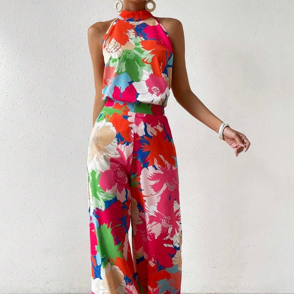 Pink Boho Womens Floral Print Halter Top & Wide Leg Pants - Picture 3 of 5